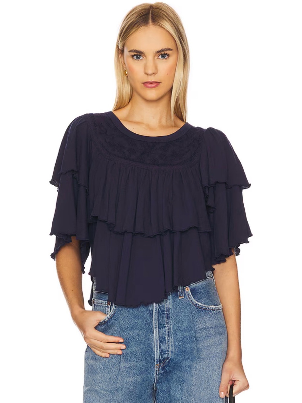 NWT Free People Rose Party Tee Small Navy Embroidered Ruffle Boho Cotton